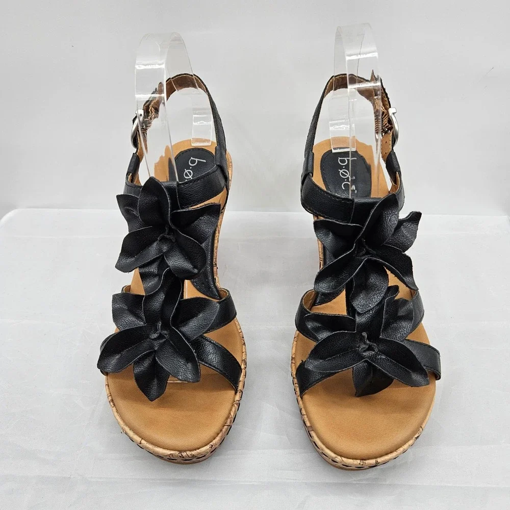 B.O.C. Black Floral T-Strap Cork Wedge Sandals Women Size 8